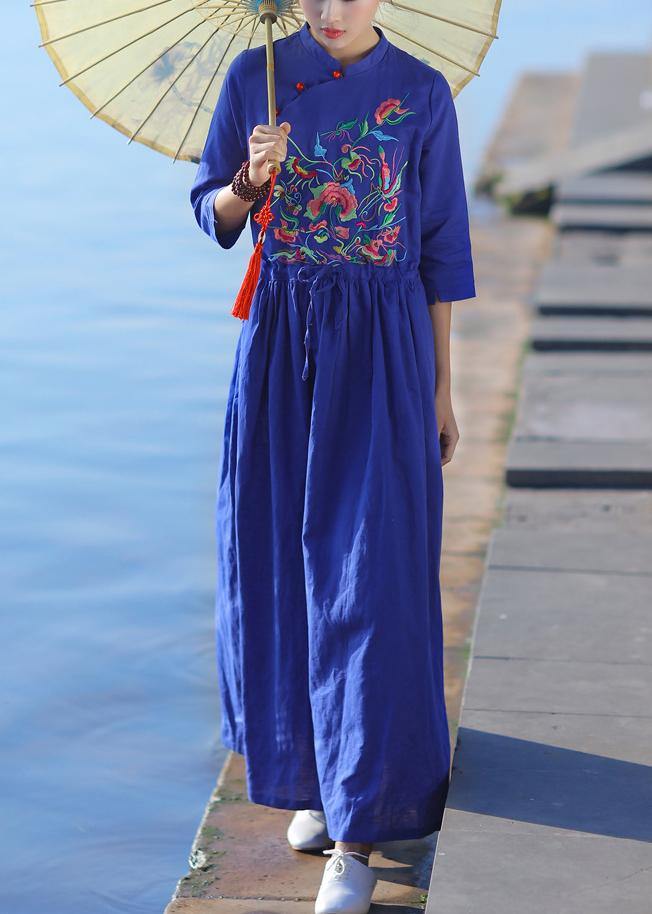 Classy v neck drawstring linen dress Shape blue embroidery Dresses summer - SooLinen