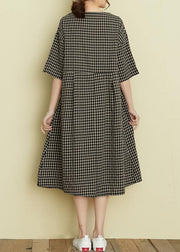 Classy v neck patchwork linen summer clothes For Women Tutorials black plaid Dress - SooLinen