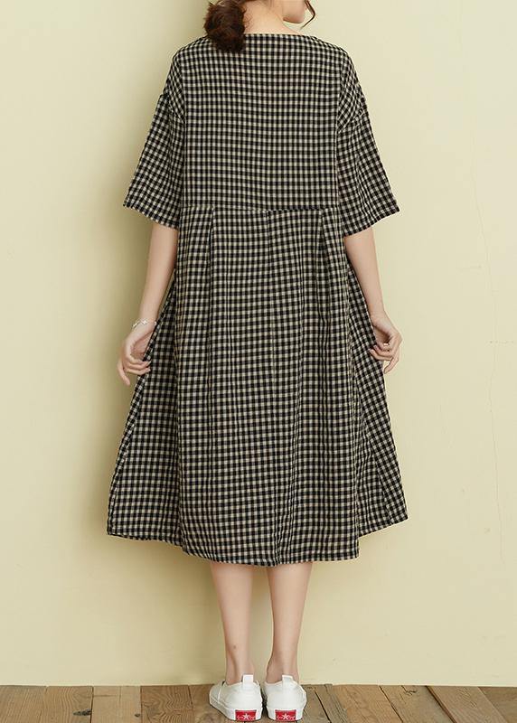 Classy v neck patchwork linen summer clothes For Women Tutorials black plaid Dress - SooLinen