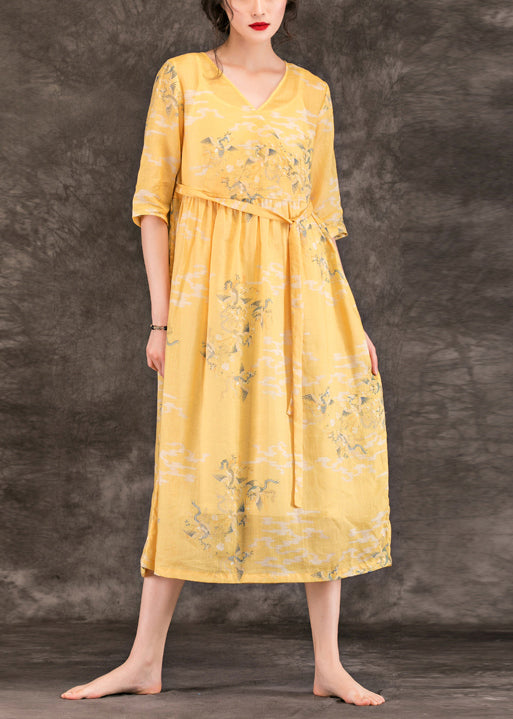 Classy v neck pockets linen dresses 2025 Work Outfits yellow print Maxi Dress Summer