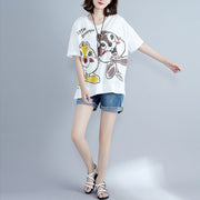 Classy white print cotton clothes For Women boutique Work o neck side open Art tops
