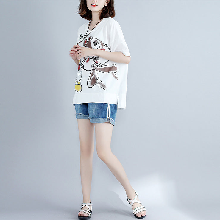Classy white print cotton clothes For Women boutique Work o neck side open Art tops