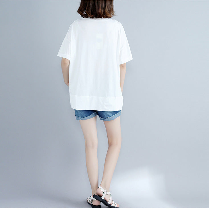Classy white print cotton clothes For Women boutique Work o neck side open Art tops