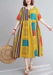 Classy yellow print clothes For Women o neck short sleeve Maxi summer Dress - SooLinen