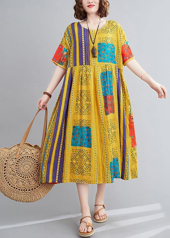 Classy yellow print clothes For Women o neck short sleeve Maxi summer Dress - SooLinen