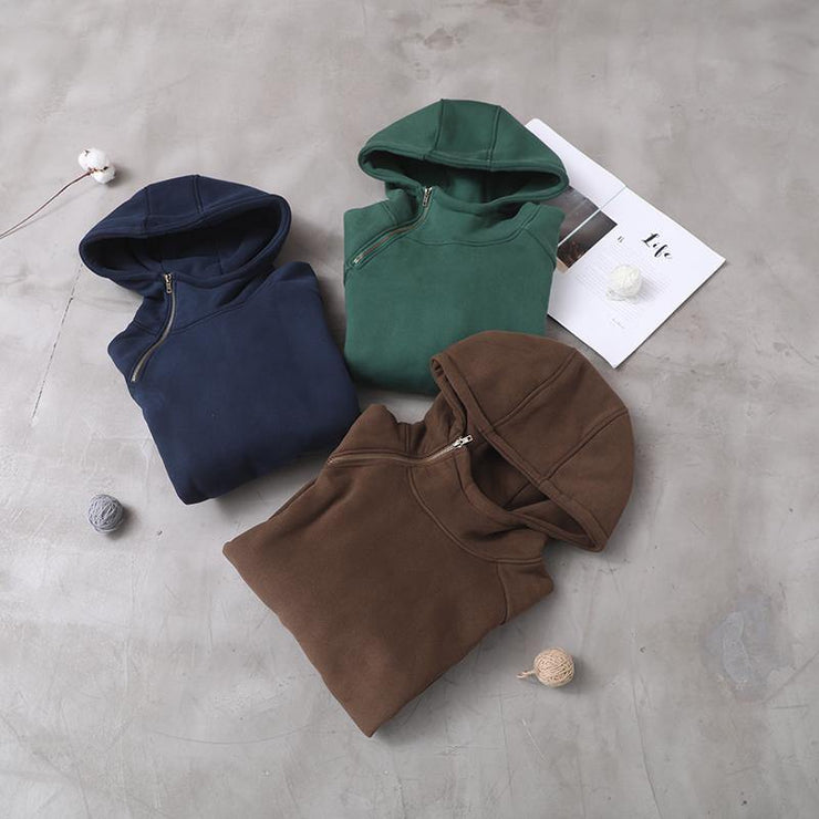Classy zippered cotton hooded blouses for women Inspiration green thick blouse - SooLinen