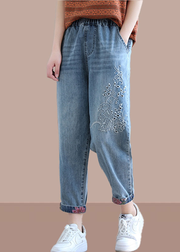 Elegante Jeansblaue Hose, Frühling, elastische Taille, Stickerei, Arbeitskleidung, Damenhose