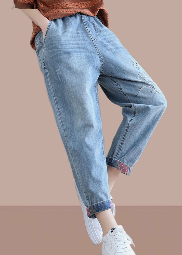 Elegante Jeansblaue Hose, Frühling, elastische Taille, Stickerei, Arbeitskleidung, Damenhose