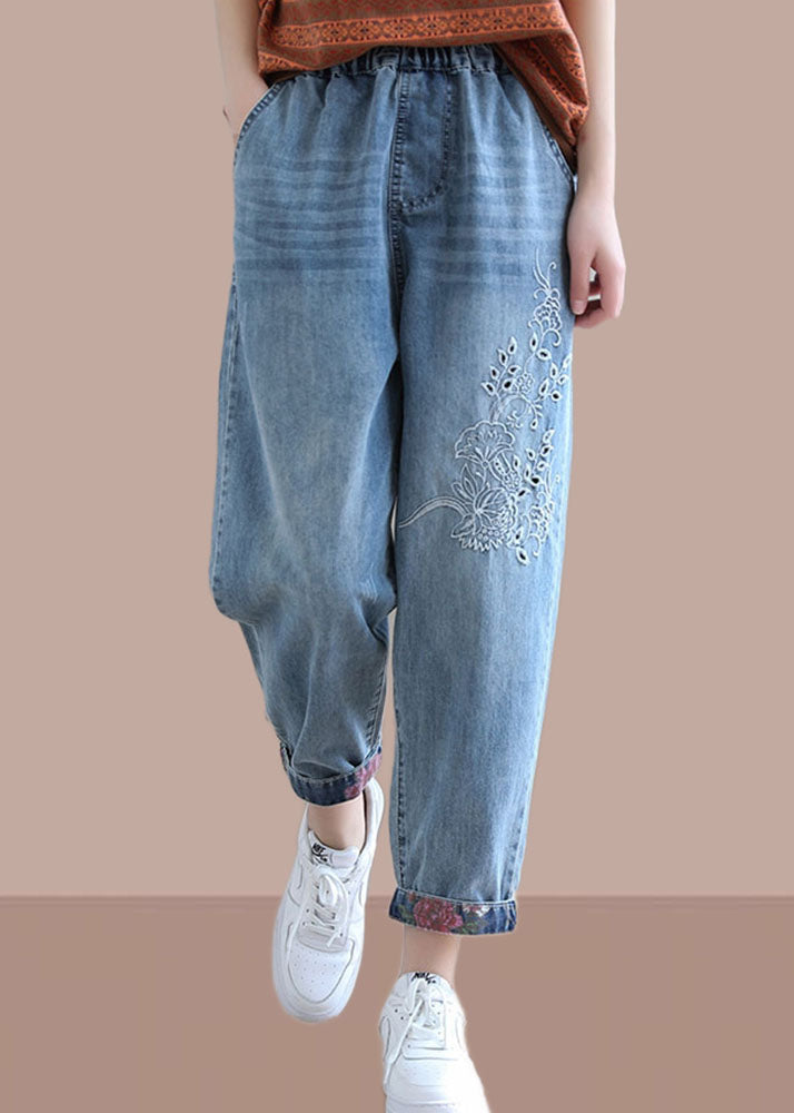 Elegante Jeansblaue Hose, Frühling, elastische Taille, Stickerei, Arbeitskleidung, Damenhose