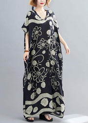 Comfy Black Bat Wing Sleeve Print V Neck Summer Cotton Maxi Dresses - SooLinen