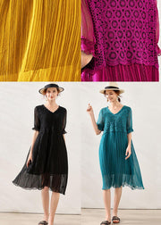 Comfy Black Wrinkled Patchwork Spring Short Sleeve Dress - SooLinen