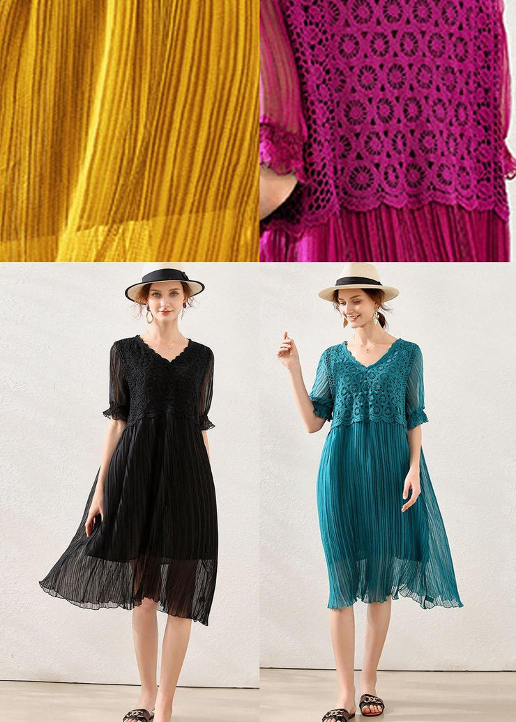 Comfy Black Wrinkled Patchwork Spring Short Sleeve Dress - SooLinen