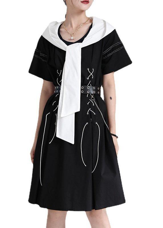 Comfy Black hooded Design Patchwork Summer Mini Dresses Short Sleeve - SooLinen