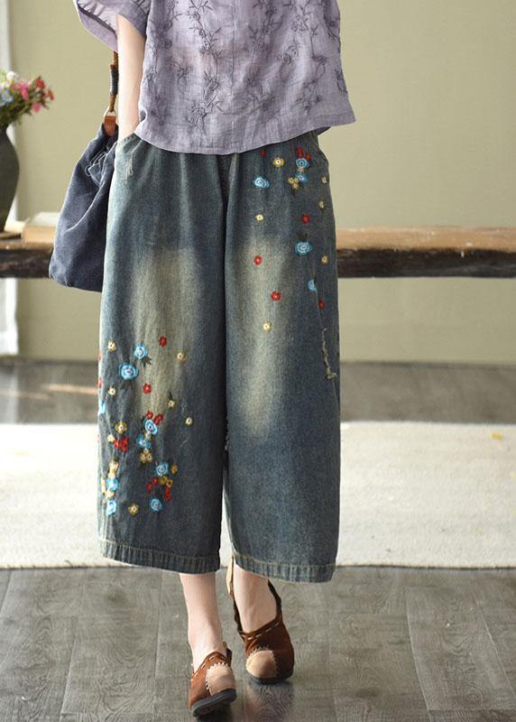 Comfy Grey Embroideried Wide Leg denim Pants For Women - SooLinen