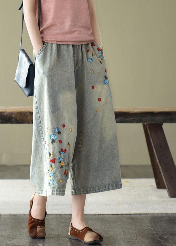 Comfy Grey Embroideried Wide Leg denim Pants For Women - SooLinen