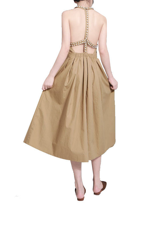 Comfy Khaki Nail bead Patchwork Fall Maxi Dresses Sleeveless