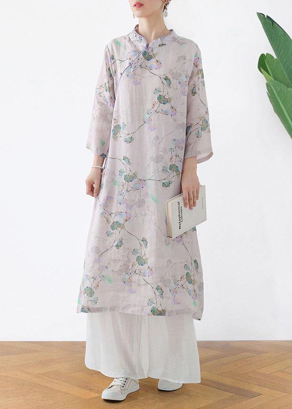 Comfy Light Purple Print Oriental Ramie Maxi Dresses Fall - SooLinen