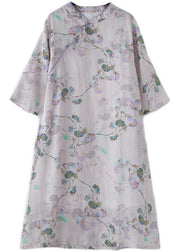 Comfy Light Purple Print Oriental Ramie Maxi Dresses Fall - SooLinen