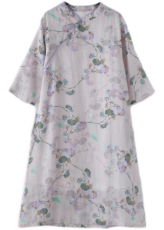 Comfy Light Purple Print Oriental Ramie Maxi Dresses Fall - SooLinen