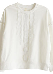 Comfy White Cotton Long sleeve Loose Sweatshirts Top - SooLinen