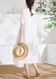 Comfy White Tie Waist Patchwork Summer Ramie Vacation Dresses Half Sleeve - SooLinen