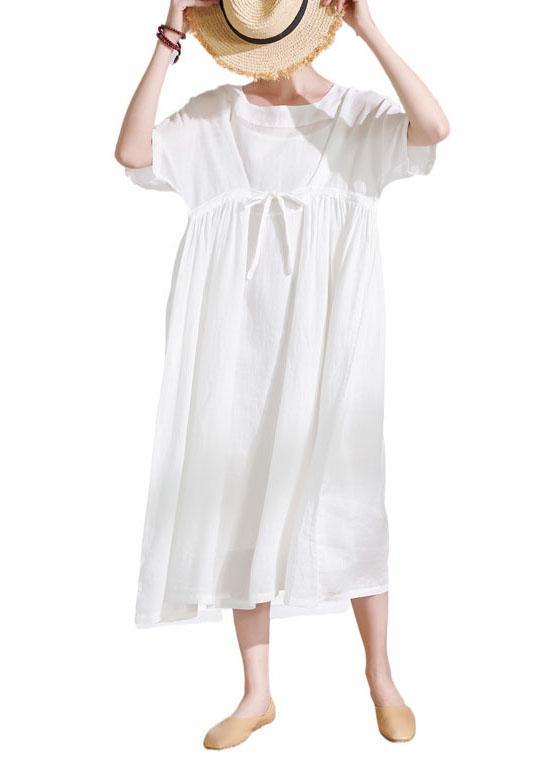 Comfy White Tie Waist Patchwork Summer Ramie Vacation Dresses Half Sleeve - SooLinen