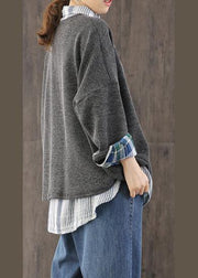 Comfy fall gray knitwear  plus size patchwork knitted pullover - SooLinen