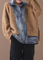 Comfy patchwork khaki knit tops oversize lapel collar knit blouse - SooLinen