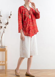 Cotton and linen women's summer V-neck lace high-end large size abstract red printed heart-shaped ramie shirt - SooLinen