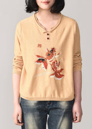 Cozy animal embroidery sweater Loose fitting nude wiled  knit sweat tops o neck - SooLinen