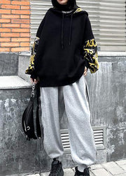 Cozy black Letter crane tops hooded fall fashion knitwear - SooLinen