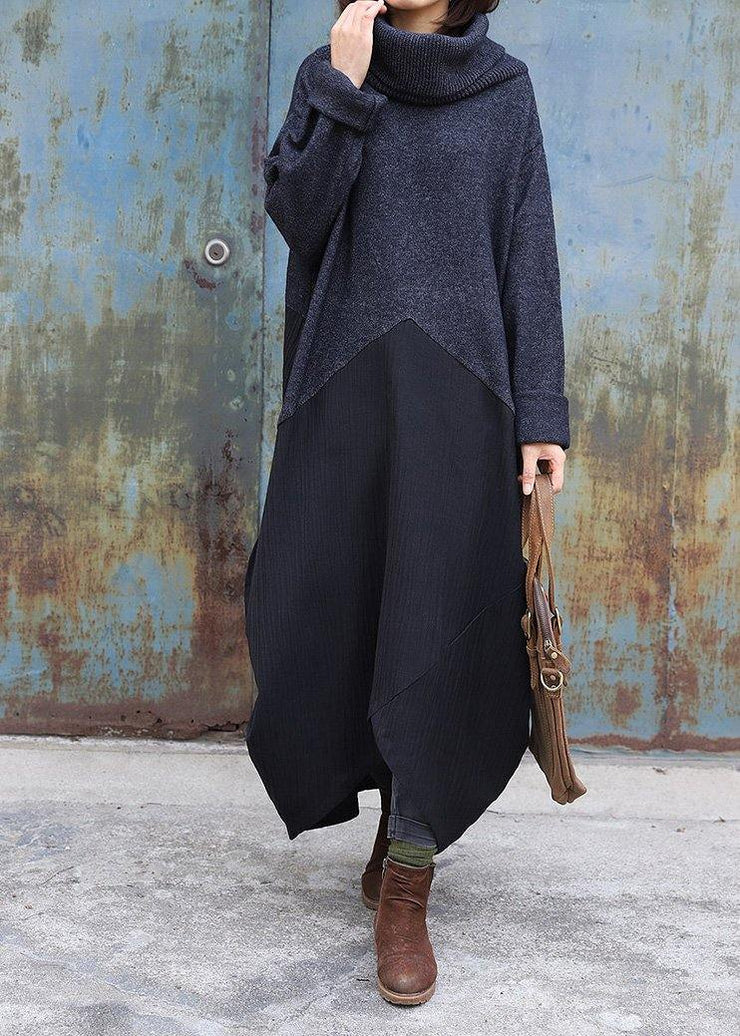 Cozy black gray Sweater dress outfit Upcycle patchwork Tejidos high neck knitwear - SooLinen