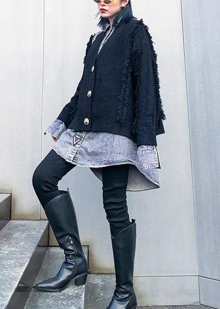 Cozy black knit coats plus size patchwork false two pieces knit sweat tops - SooLinen