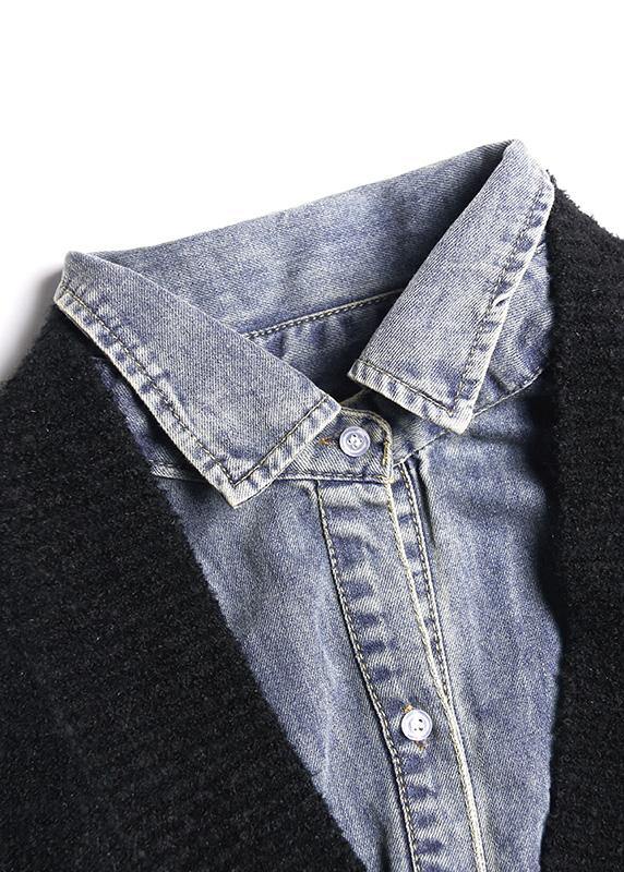 Cozy black knit coats plus size patchwork false two pieces knit sweat tops - SooLinen