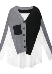 Cozy black patchwork knitted t shirt trendy plus size v neck Button knitwear - SooLinen