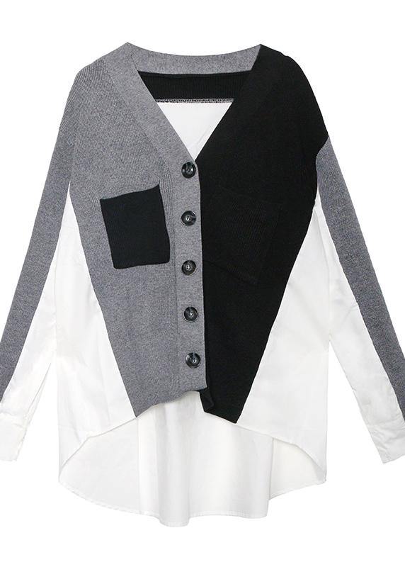 Cozy black patchwork knitted t shirt trendy plus size v neck Button knitwear - SooLinen