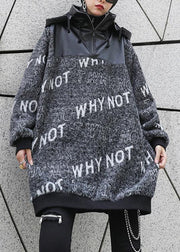 Cozy gray Letter knitted t shirt patchwork zippered casual knit tops - SooLinen