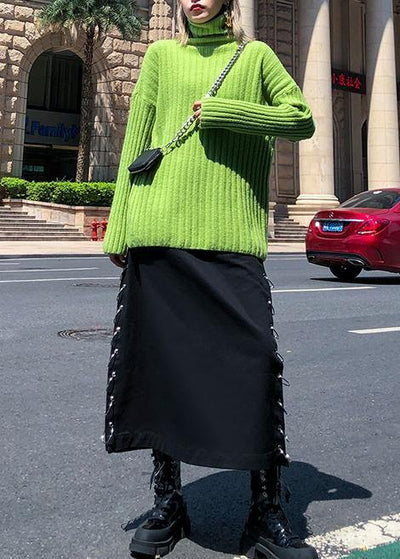 Cozy green knit tops oversize high neck thick knitted pullover - SooLinen
