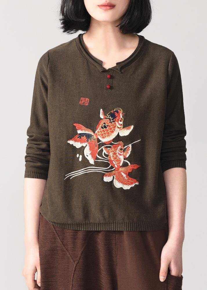 Cozy yellow knit t shirt Loose fitting animal embroidery knitted sweater long sleeve - SooLinen