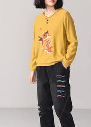 Cozy yellow knit t shirt Loose fitting animal embroidery knitted sweater long sleeve - SooLinen