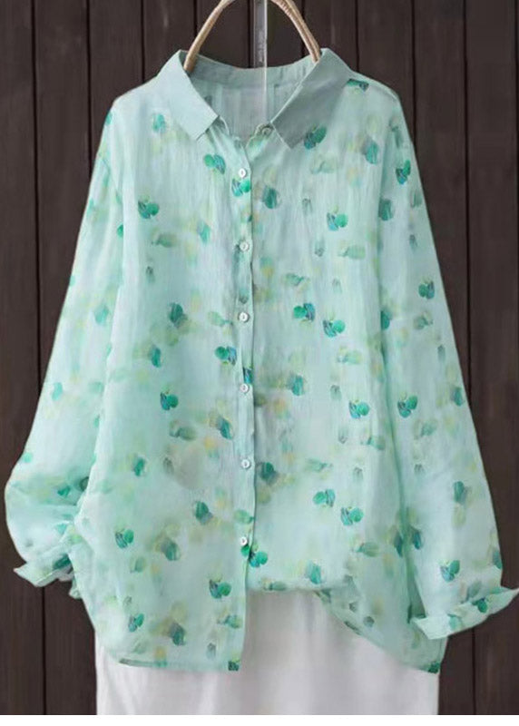 Cute Light Green Peter Pan Collar Print Shirt Tops Long sleeve