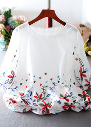 Süße weiße O-Neck bestickte Chiffon-Tops mit Laternenärmeln
