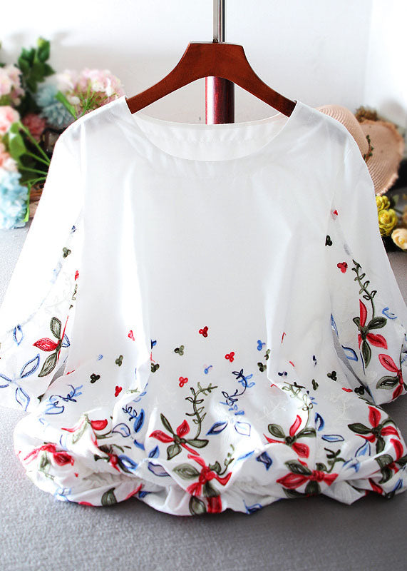 Süße weiße O-Neck bestickte Chiffon-Tops mit Laternenärmeln