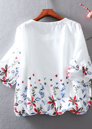 Süße weiße O-Neck bestickte Chiffon-Tops mit Laternenärmeln