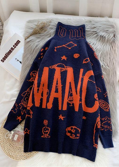 Cute alphabet prints navy knitwear  plus size high neck knit blouse - SooLinen