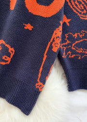Cute alphabet prints navy knitwear  plus size high neck knit blouse - SooLinen