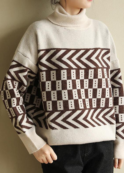 Cute beige knitted pullover patchwork oversized high neck sweaters - SooLinen