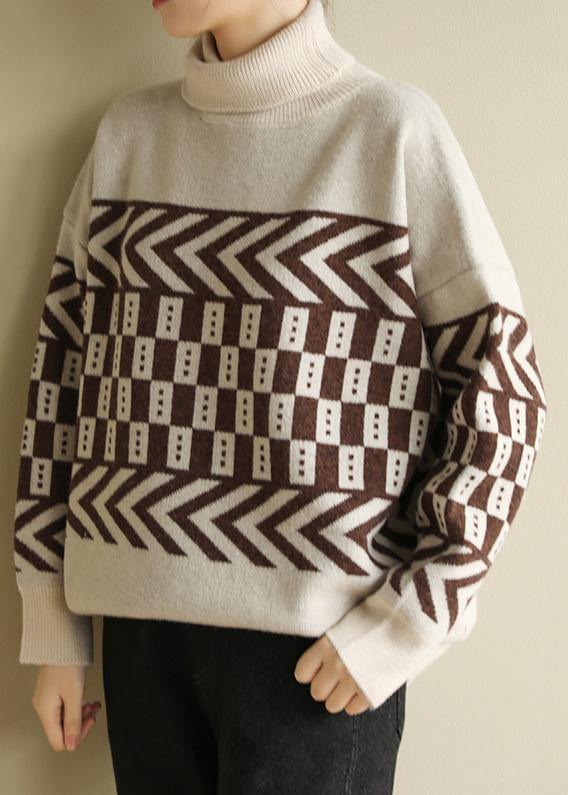 Cute beige knitted pullover patchwork oversized high neck sweaters - SooLinen
