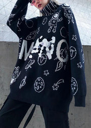 Cute black Cartoon print knitted t shirt casual high neck knit sweat tops - SooLinen