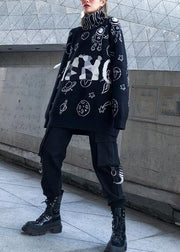 Cute black Cartoon print knitted t shirt casual high neck knit sweat tops - SooLinen